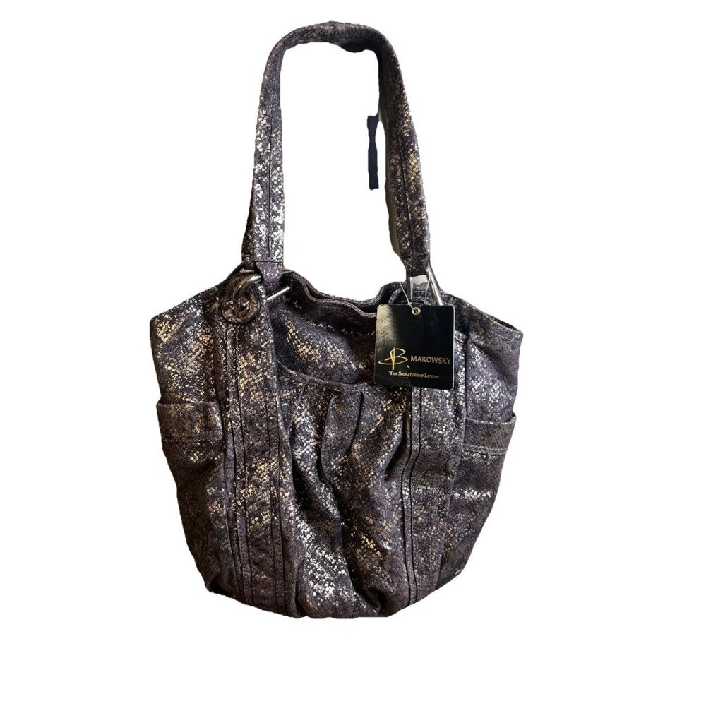 B Makowsky Carmen Metallic Purple Silver Snakeskin Print Shoulder Handbag